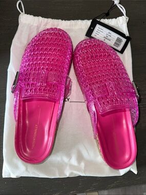 INTENTIONALLY BLANK Hot Pink Woven Jelly Mule Slides